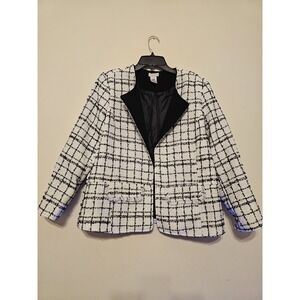 Women's Blazer Jacket Large Fits 12-14 Tweed White Black Plaid Long Sleeves Work